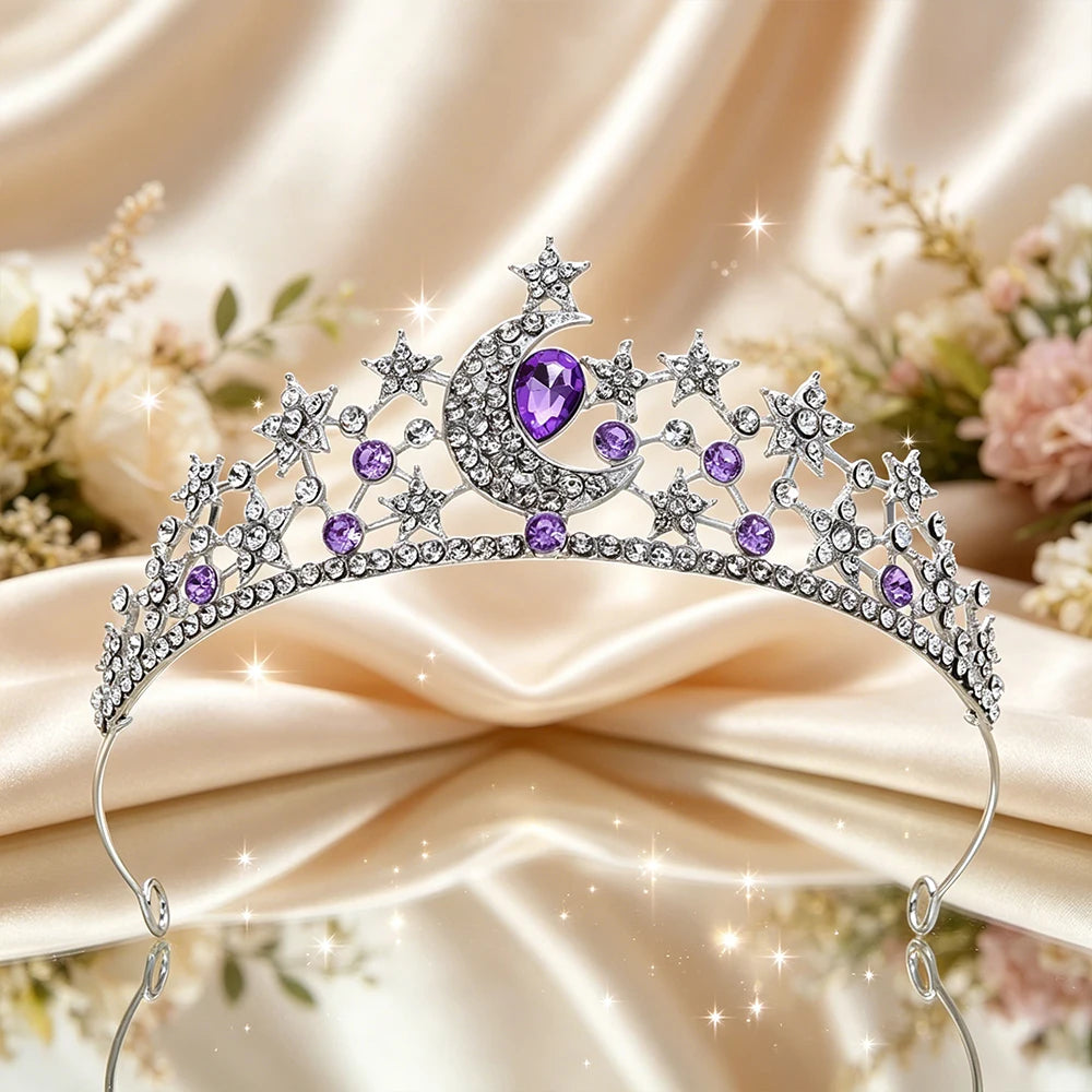 Moon Star Bridal Tiara Sparkling Rhinestone Celestial Queen Crown Dreamy Headpiece Wedding Pageant Fairy Themed Party Occasions