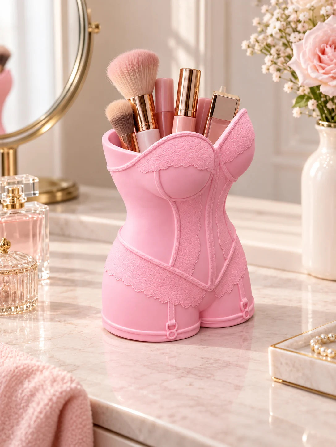 Pink Corset-Style Makeup Brush Holder with Waist-Cinching Design, Dressing Table Storage Rack, Three-Dimensional Lace Texture with Full Details and Soft Texture, Can Hold Various Makeup Brushes and Beauty Tools, Creates a Soft and Feminine Atmosphere, Des