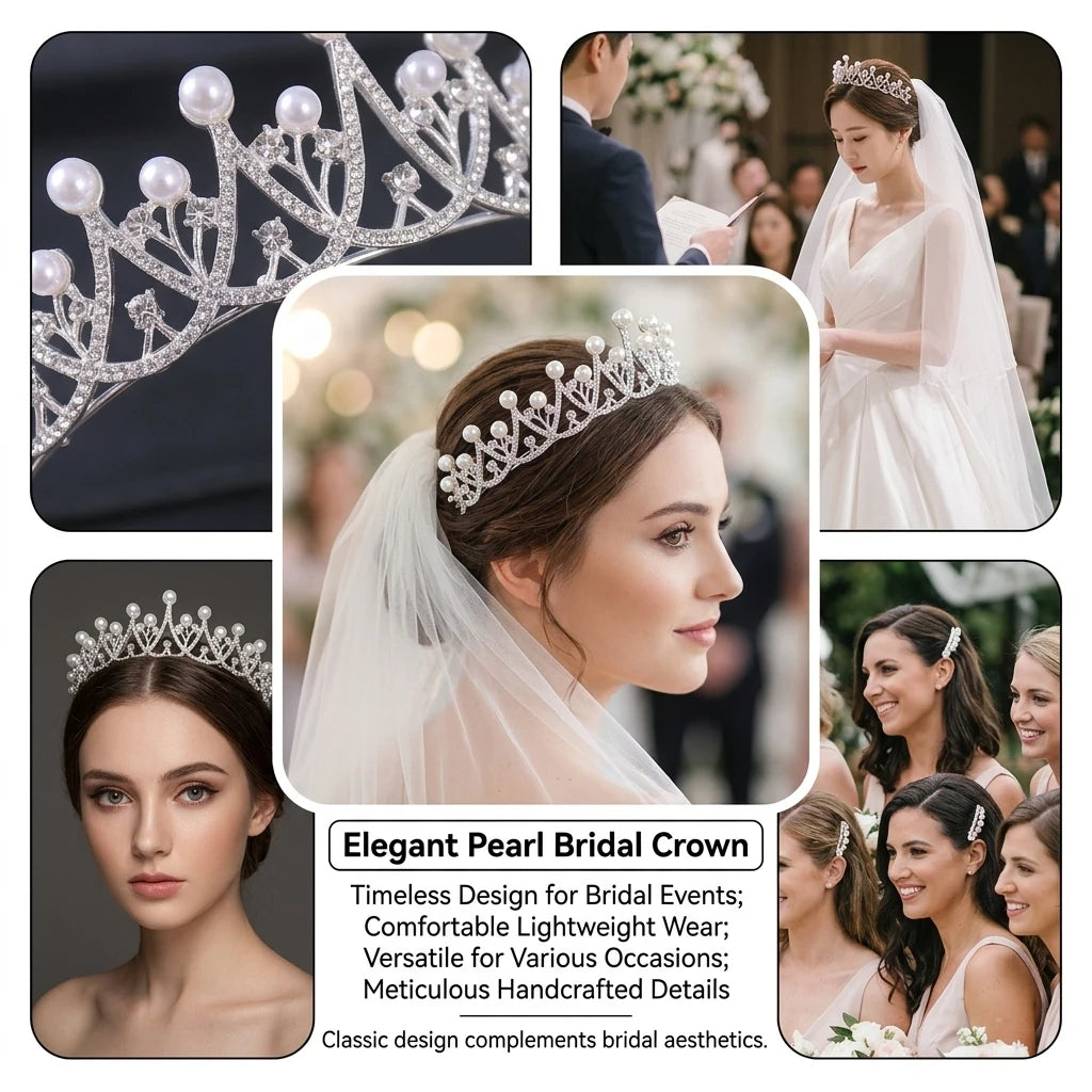 1pc Bridal Tiara Pearl Rhinestone Wedding Crown Elegant Korean Style Headpiece for Bride Party Ceremony Jewelry Gift