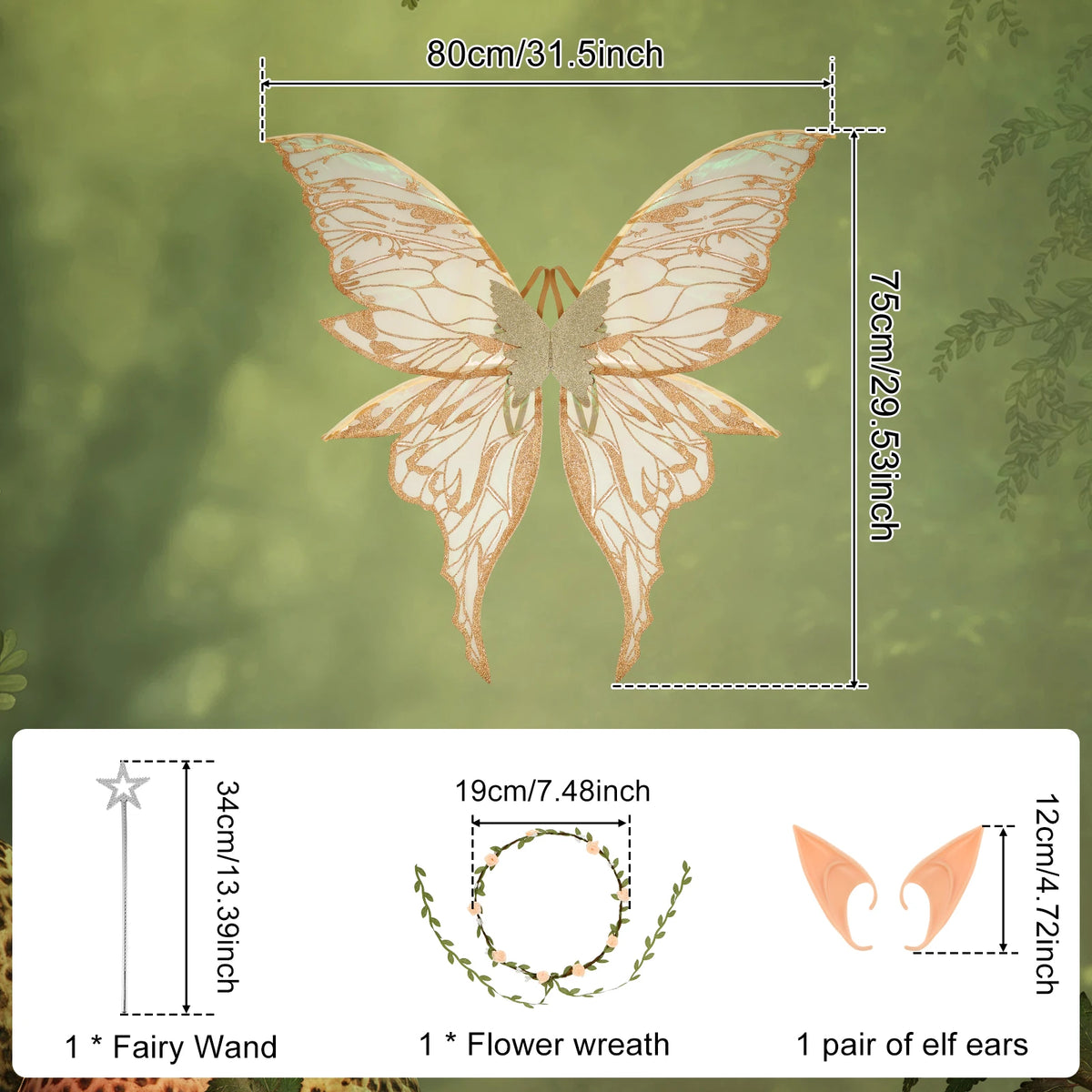 Elf Wing Dress Up Fairy Costume Set with Floral Garland Fairy Hair Tinsel Wand and Elf Ear Princess Halloween Costume Photo Prop