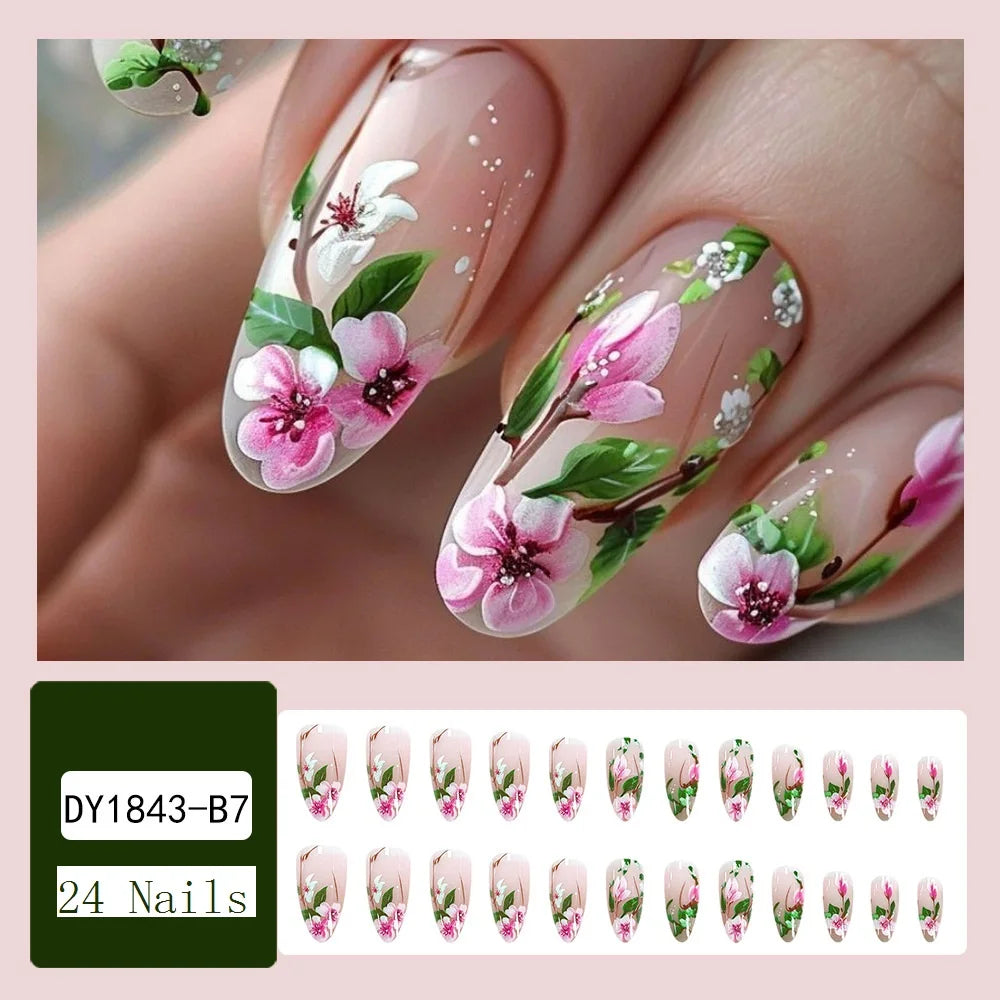 Short Almond Press on Nails 3D Flower Fake Nails with Glue Colorful Natural Acrylic False Nails Full Cover Press on Nails Set