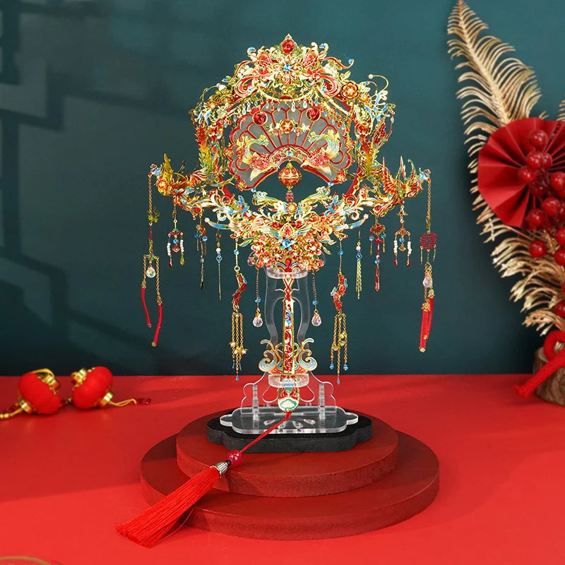 DIY 3D Metal Puzzle Chinese Wedding Phoenix Coronet and Fan Miniature Model Building Kits Jigsaw Puzzles for Girls Gifts