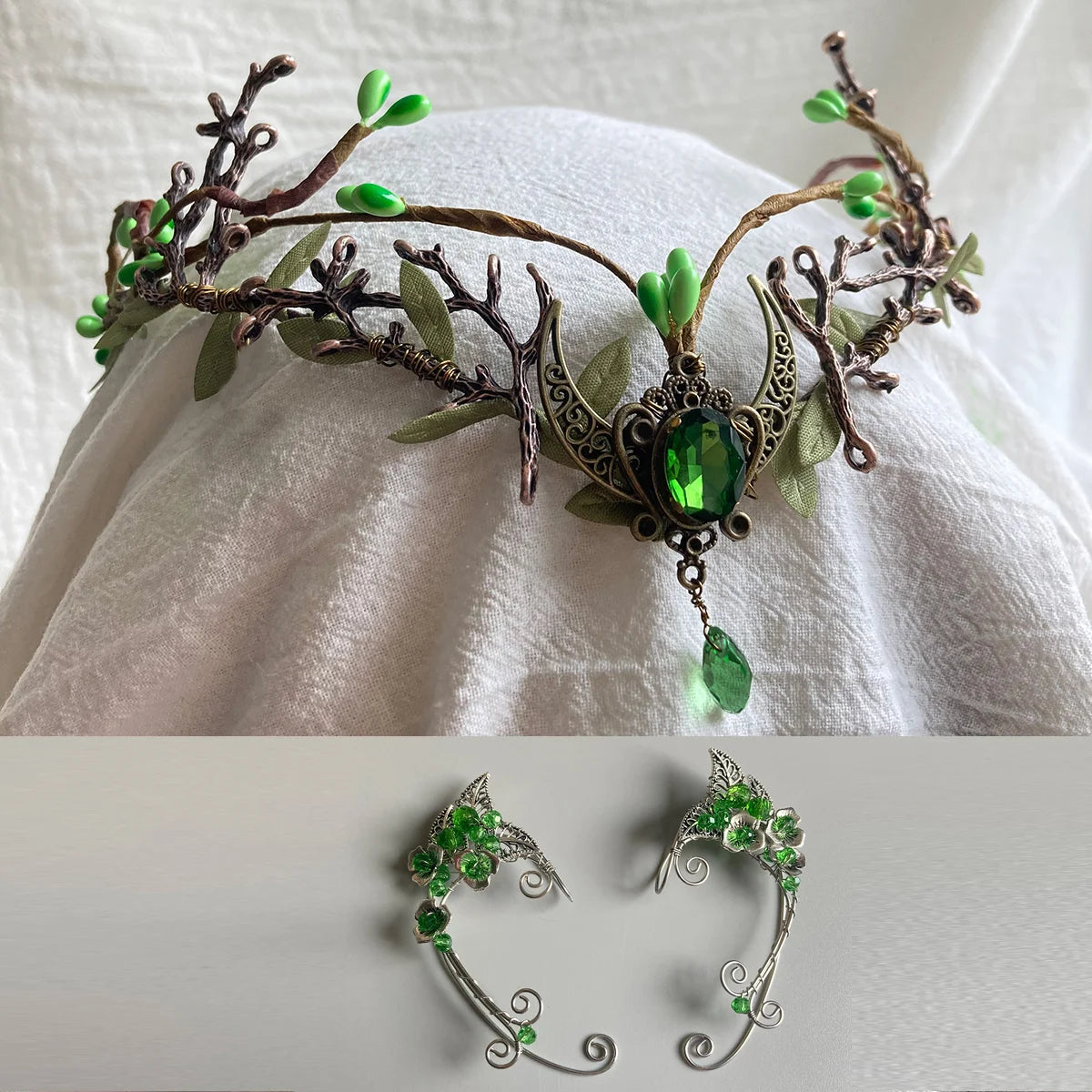Elf ear cuffs Green Rattan Bridal Fairy Crown Woodland Wedding Tiara Elven Flower Circlet Fairy Diadem Flower Greenery  Headband