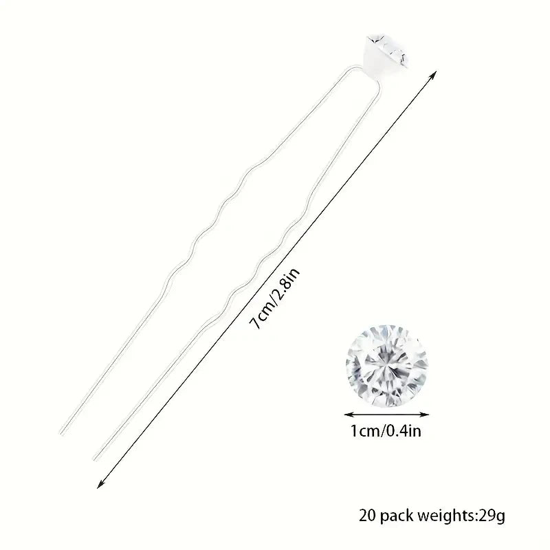 20Pcs Sparkling Crystal Hair Pins Silver Rhinestone U-Shaped Perfect Securing Adding Bridal Prom Party Daily Elegant Hairstyles
