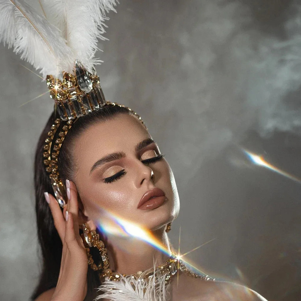 Best-selling Queen Exaggerated Feather Crown Headpiece for Women with High-end Water Diamond Headwear Gothic Ball Accessories