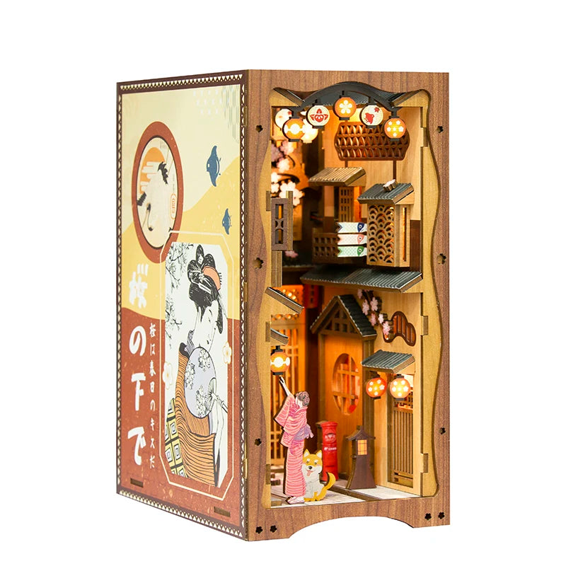Cutebee DIY Book Nook Kit Miniature Dollhouse Bookshelf Insert Wooden Bookend 3D Building Model for Kid Gifts Japanese Style