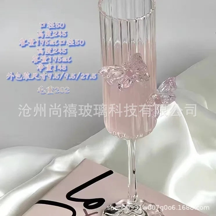 Pink Butterfly Champagne Flute High Borosilicate Glass Wine Goblet, Cute Cocktail Cup Wedding Party Home Table Decor, Ideal Gift