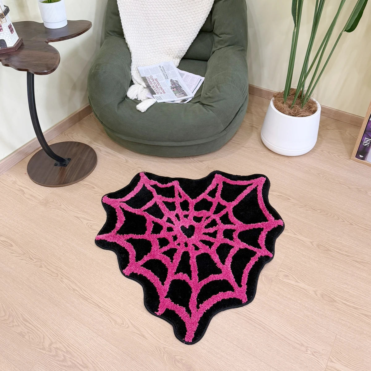 Heart Shaped Spider Web Tufted Rug, Pink Web Pattern Black Background Flocking Floor Mat, Anti-Slip Irregular Carpet for Gothic