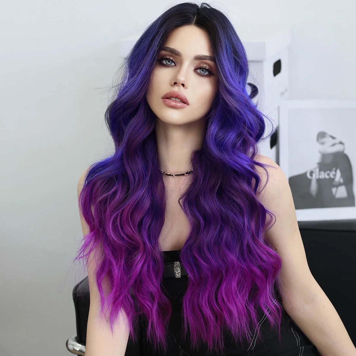Blue Purple Ombre Wig Body Wavy, Side Part ,with Bangs High Density,Transparent Synthetic Lace Front