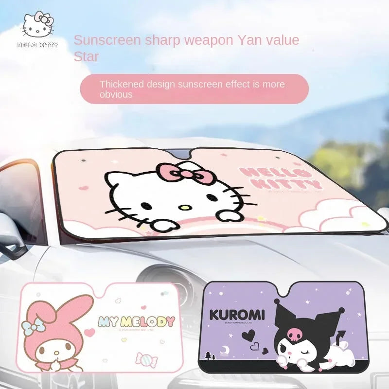 Genuine Hello Kitty Windshield Sunshade Cute Kuromi Car Window Suction Cup Sunscreen Heat Insulation Uv Protection Sunshade