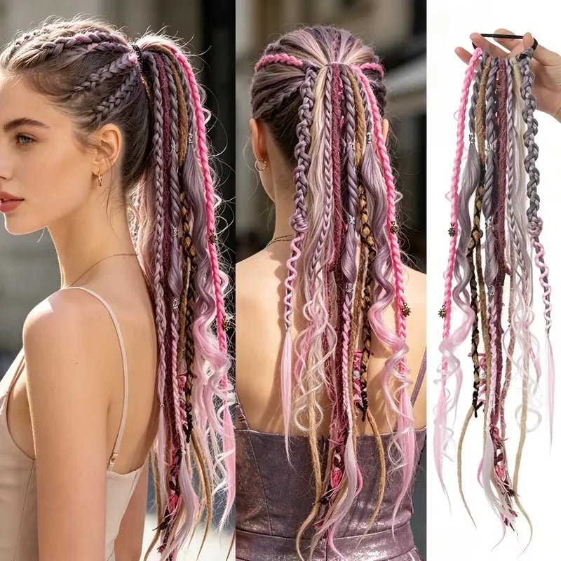 22 Inch Dreadlocks Ponytail Hair Extensions Synthetic Fibers Boho Braided Hairpieces With Beads Festival Cosplay Easy Wear