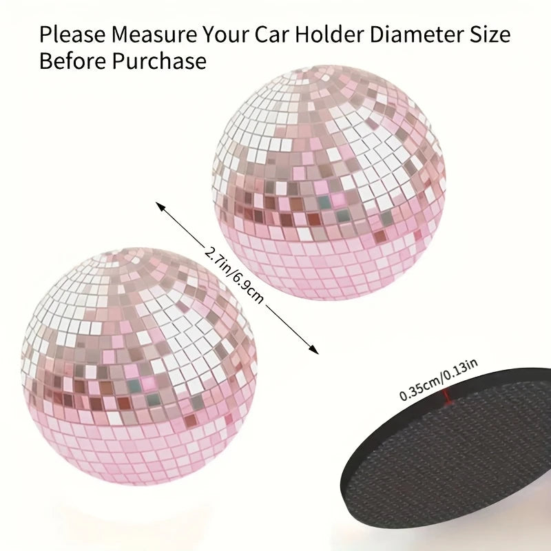 Set Of 2 Pink Disco Ball Coasters With A Simulated Design, Perfect For Car Cup Holders. An Original And Imaginative Present For