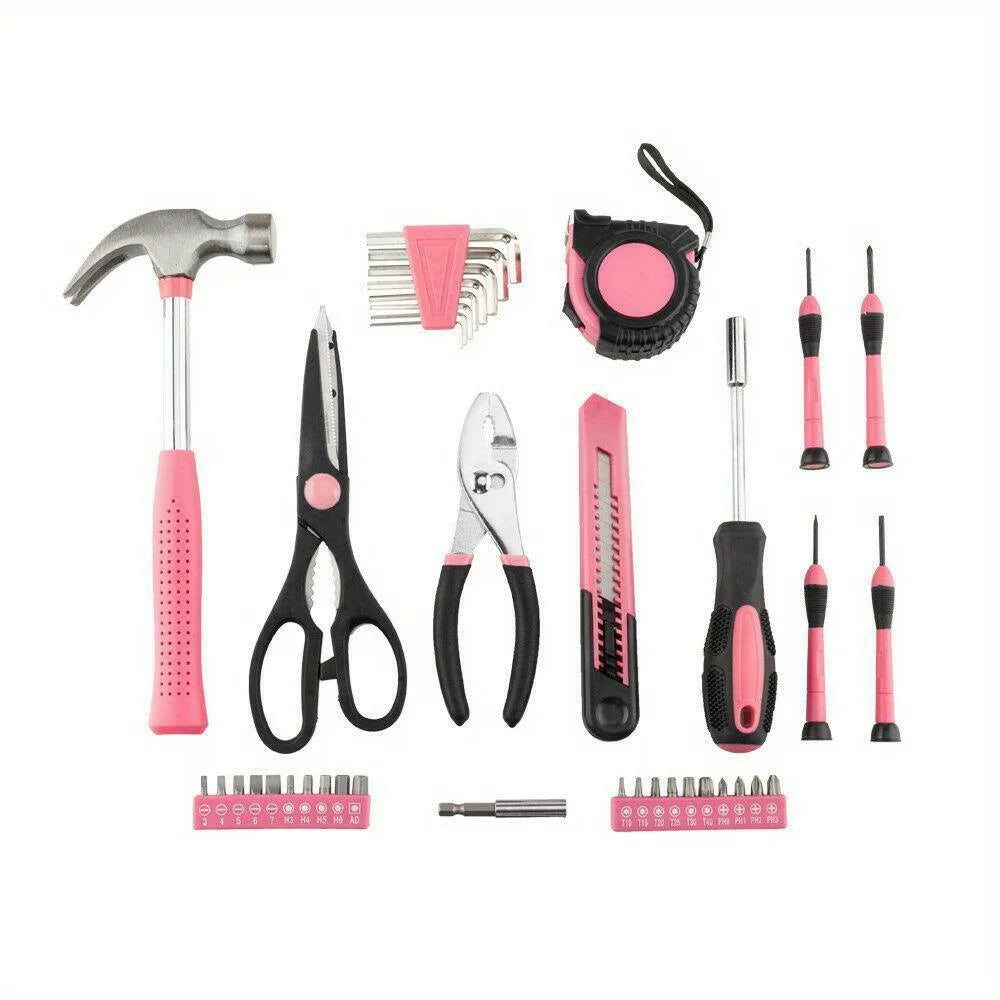 39Pcs/1 Set Pink Car Auto Tool Set with Tape Measure Claw Hammer Hex Key Scissors Household Repair Kit Box