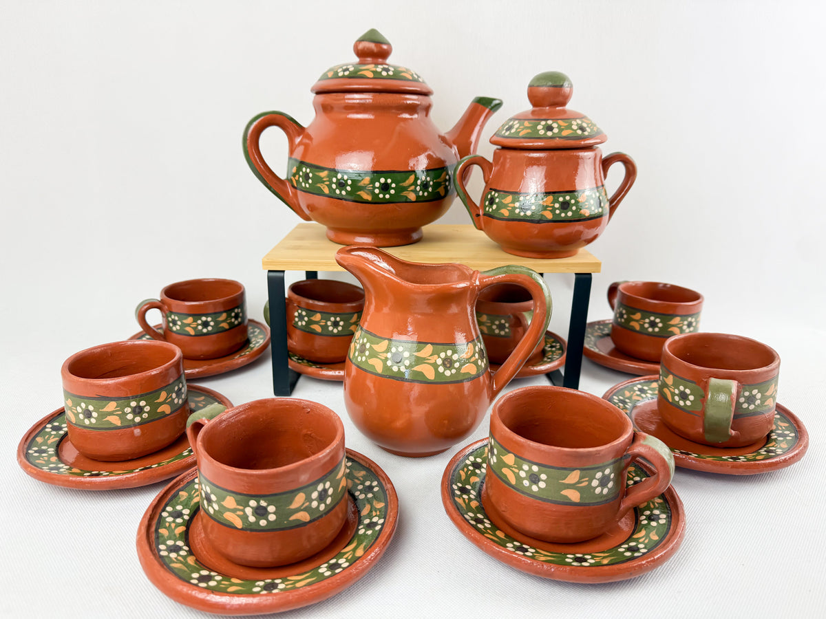 Traditional Mexican Tea Pot Set 16pc - Juego de Te Barro
