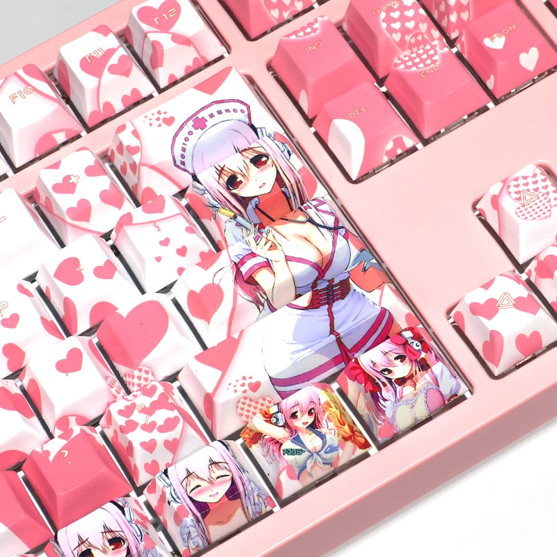 108 Keys PBT 5 Sides Dye Subbed Keycaps Anime Gaming Key Caps Pink Cherry