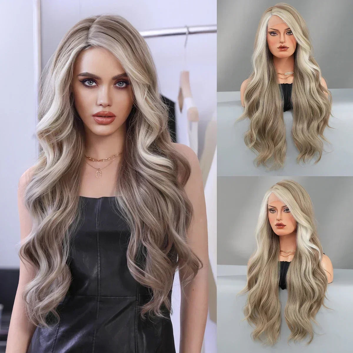 Blue Purple Ombre Wig Body Wavy, Side Part ,with Bangs High Density,Transparent Synthetic Lace Front