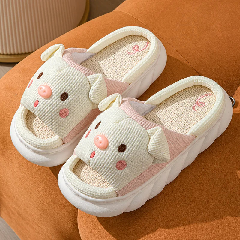 Home Linen Slipper for Women Cute Bunny Clouds Flip Flops Female Design Cozy Shoes Slides Four Season Platform Couples Sandals
