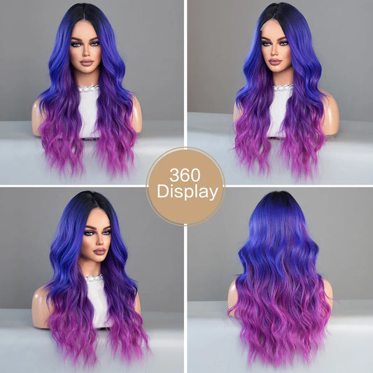 Blue Purple Ombre Wig Body Wavy, Side Part ,with Bangs High Density,Transparent Synthetic Lace Front