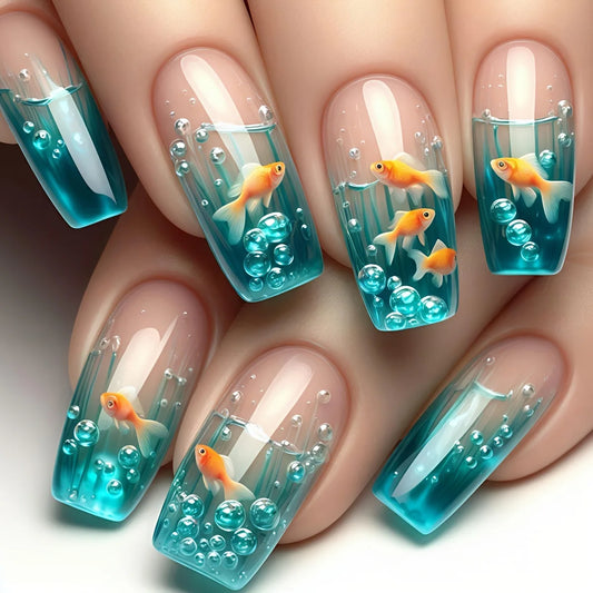 Medium Long Square Koi Fish Acrylic Nails