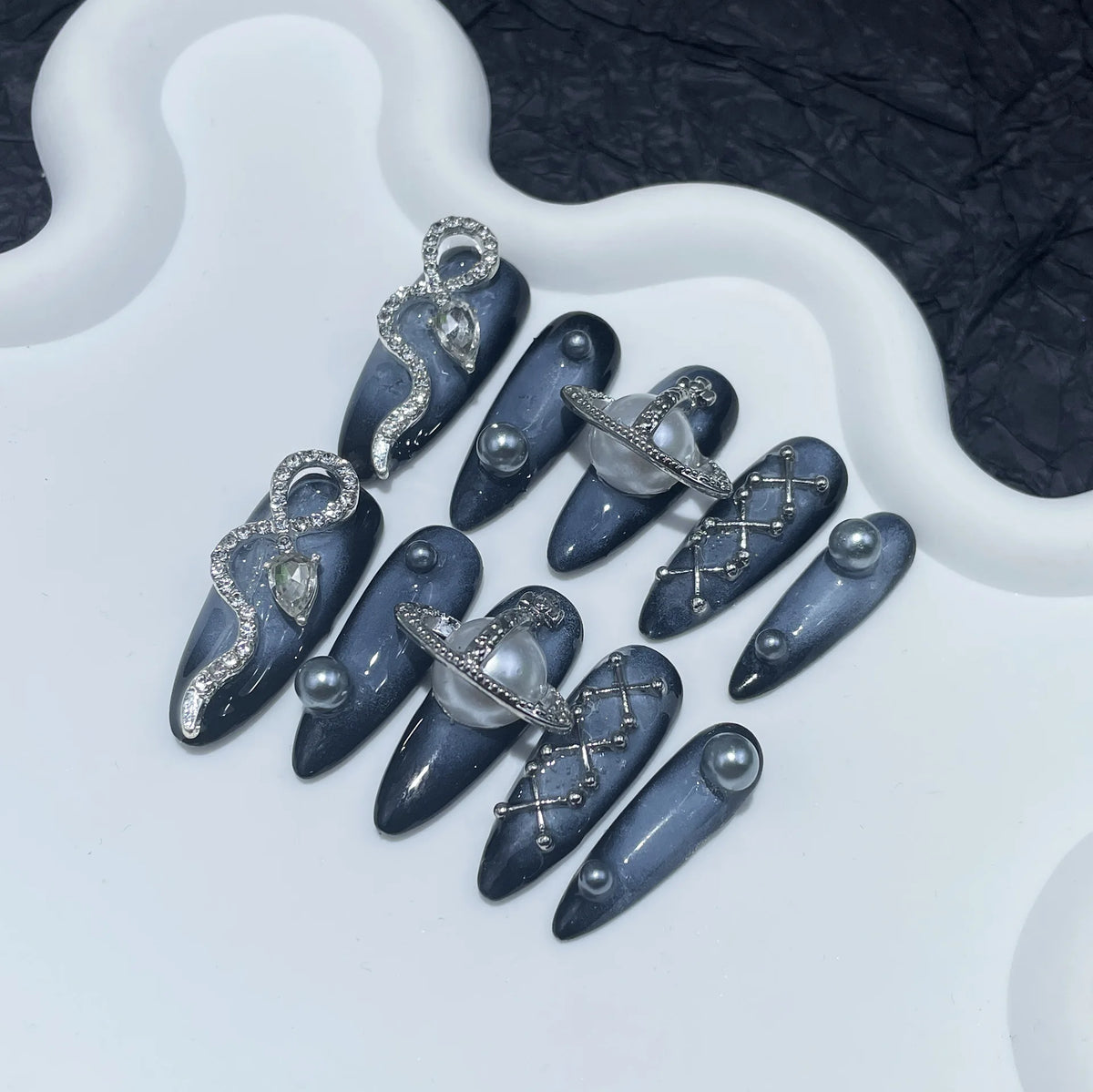 Mysterious Cosmic Dark Blue With Diamond Snake Almond Acrylic Nails