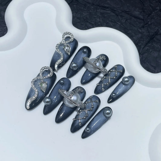 Mysterious Cosmic Dark Blue With Diamond Snake Almond Acrylic Nails