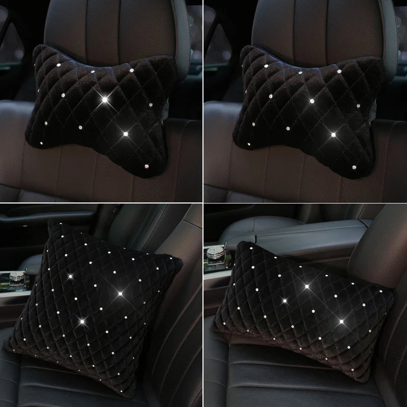 Bling Rhinestone Car Neck Pillow Winter Plush Crystal Auto Headrest Pillow Waist Supports Car Seat Pillow Cover Car Accessories