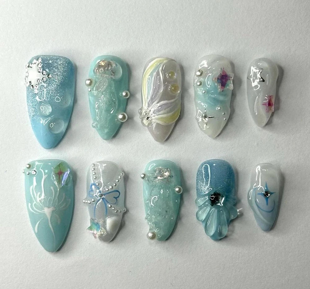 10Pcs 3D Flower Bow Gel Acrylic Nails Almond
