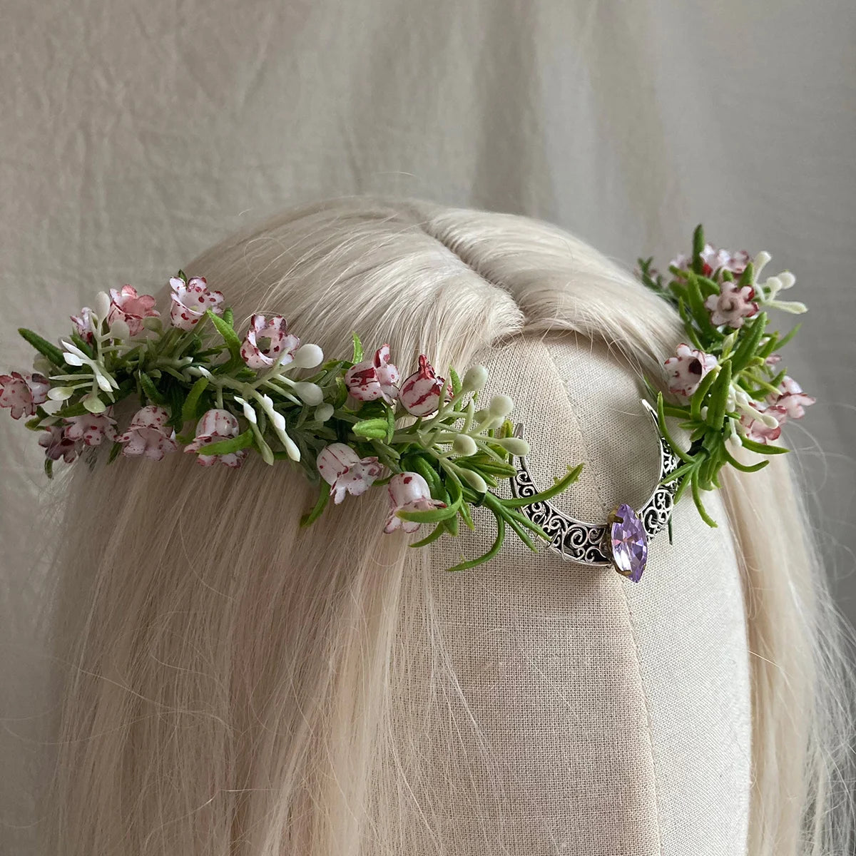Bell orchid Elven Tiara Crescent Moon Headband Silver Elven Circlet Dainty flower Halo Fairy Headress Costume Bridal Crown