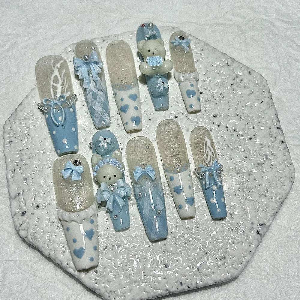 10 Pieces Kawaii 3D Bow Teddy Bear French Handmade Press On Nails Cute Blue Bunny Long Fake Nails Pearls Polka Dot Girl Nail Art