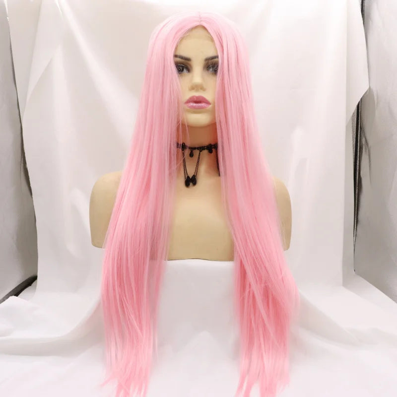Pink synthetic fiber lace wig with middle parting and long straight hair