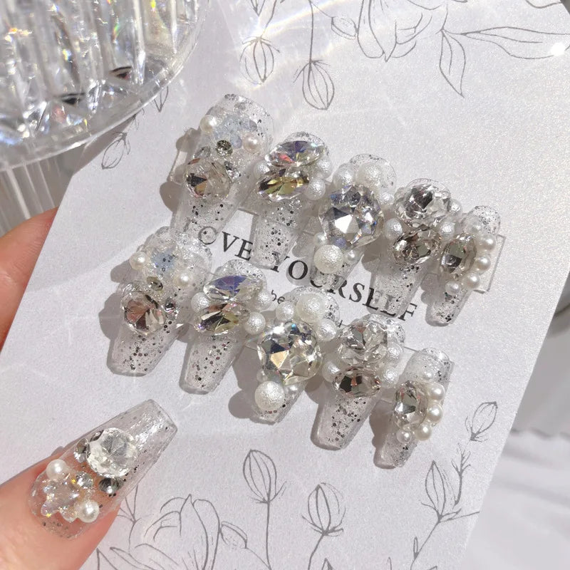 24pcs Kawaii Cartoon Rabbit Press On Nails Bowknots Diamond Decor Mid-length Coffin False Nail White French Blush Pink Fake Nail