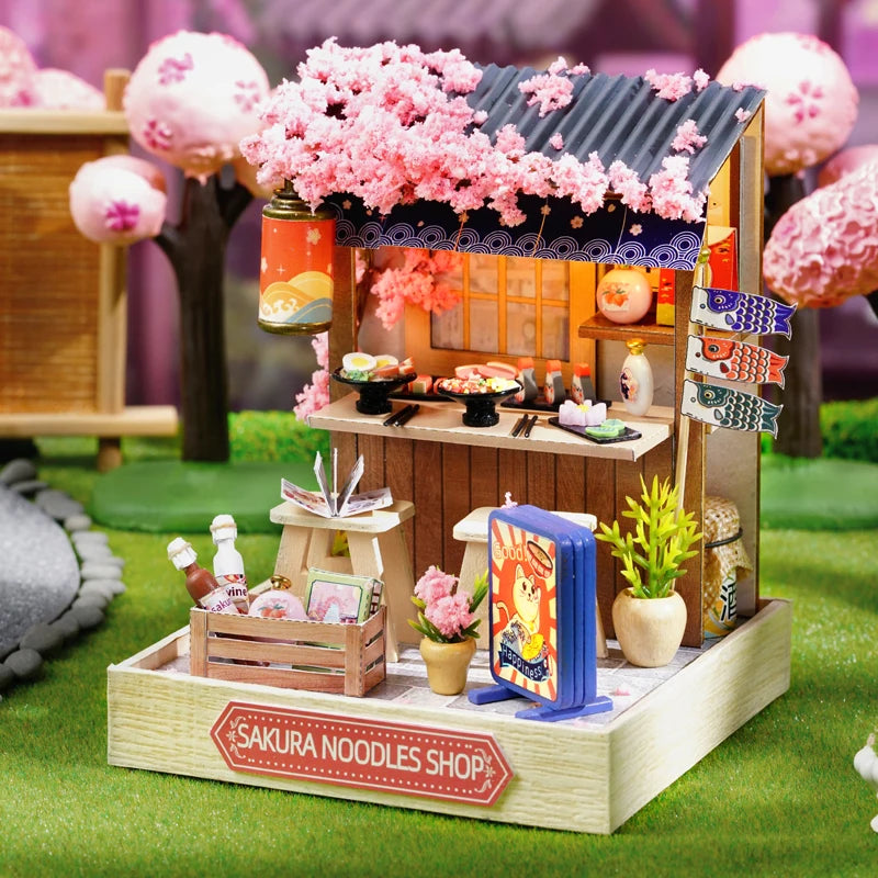 DIY Wooden Miniature Model Kit Japanese Cherry Blossoms Noodles Shop Casa 3D Puzzle Villa Dollhouse With Furniture Friends Gifts