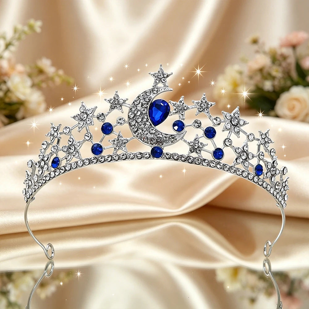 Moon Star Bridal Tiara Sparkling Rhinestone Celestial Queen Crown Dreamy Headpiece Wedding Pageant Fairy Themed Party Occasions