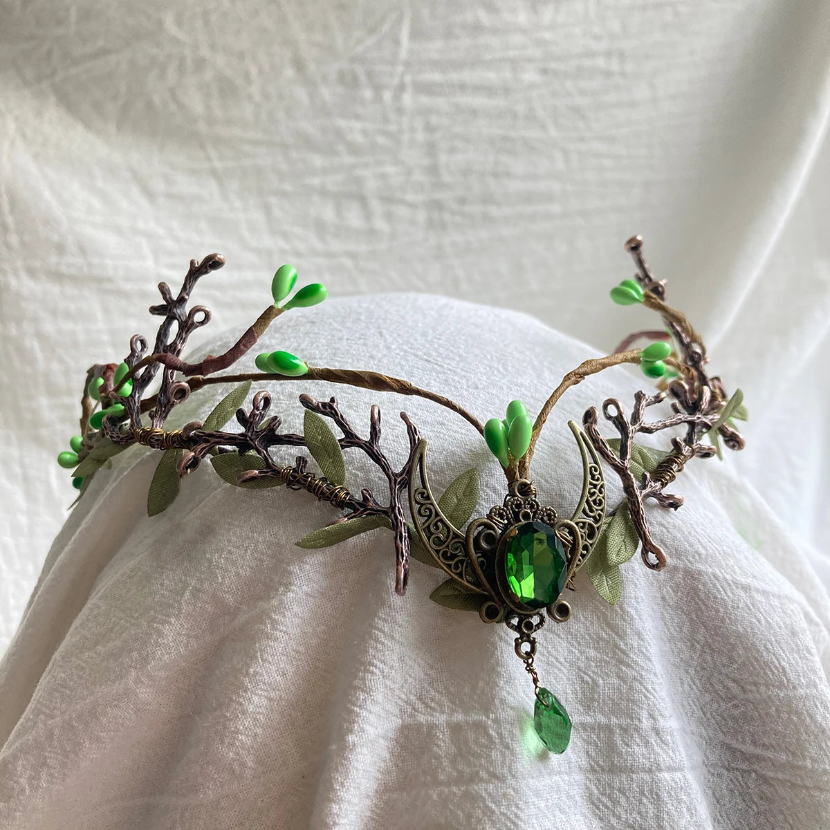 Elf ear cuffs Green Rattan Bridal Fairy Crown Woodland Wedding Tiara Elven Flower Circlet Fairy Diadem Flower Greenery  Headband