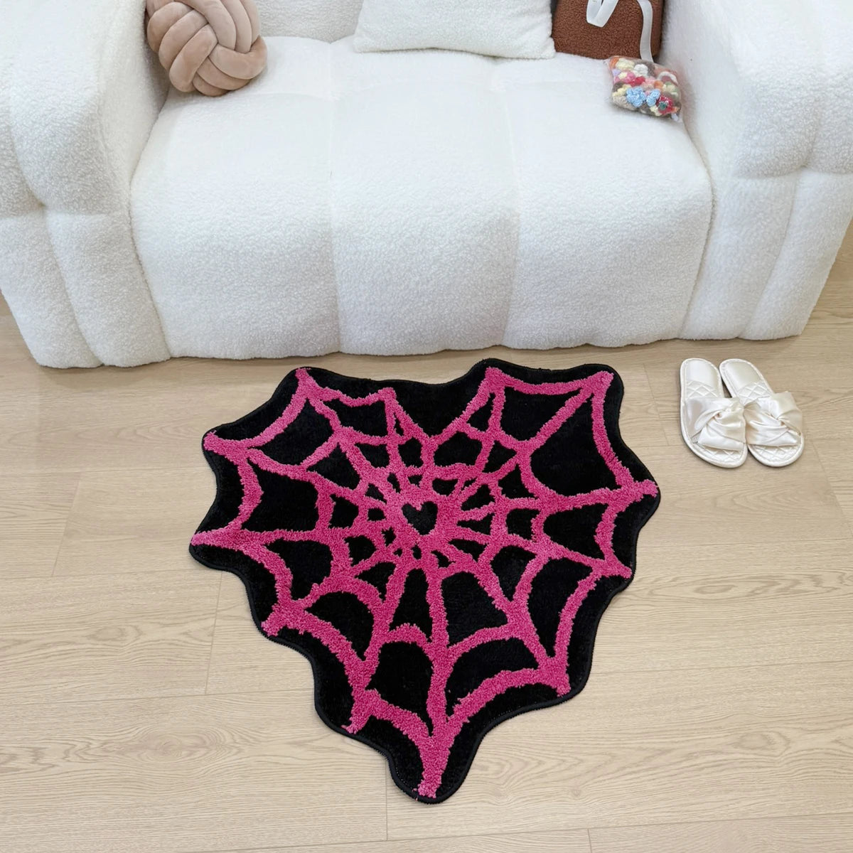 Heart Shaped Spider Web Tufted Rug, Pink Web Pattern Black Background Flocking Floor Mat, Anti-Slip Irregular Carpet for Gothic