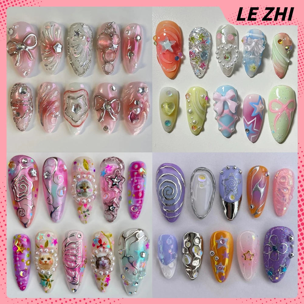 10Pcs 3D Flower Bow Gel Acrylic Nails Almond