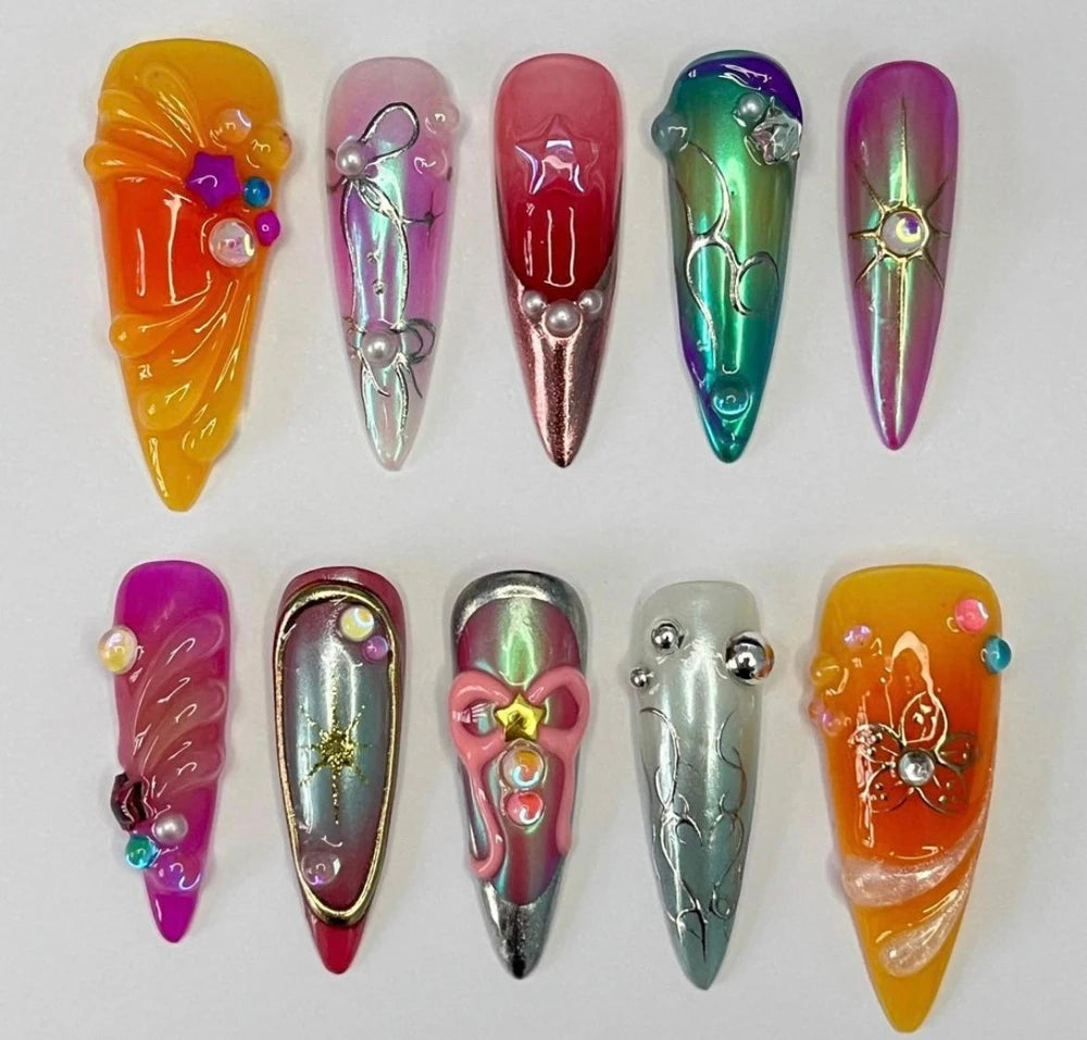 10Pcs 3D Flower Bow Gel Acrylic Nails Almond
