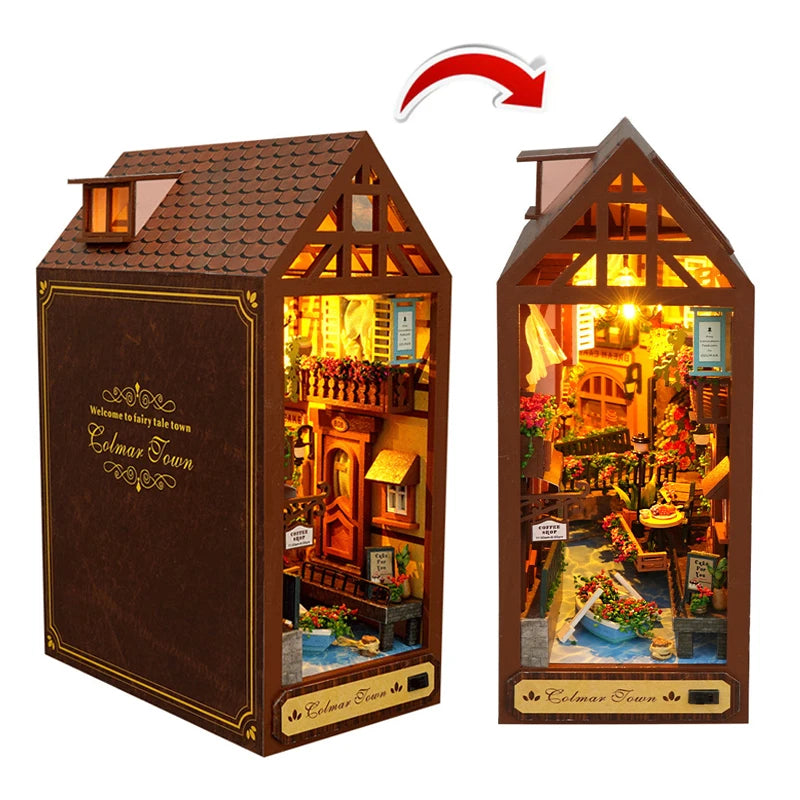 DIY Book Nook Shelf Insert Kits Miniature Dollhouse with Furniture Room Box Cherry Blossoms Bookends Japanese Store Toys Gifts