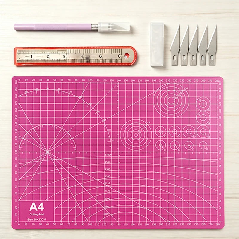 Crafting and Drawing Cutting Mat Set, A4 Pink Eco-Friendly Patchwork Mat, Non-Slip Carving Knife with Handmade Blades, 15cm Steel Ruler, Complete Carving Tools, Suitable for DIY Crafts and Scrapbooking. Holiday gifts,