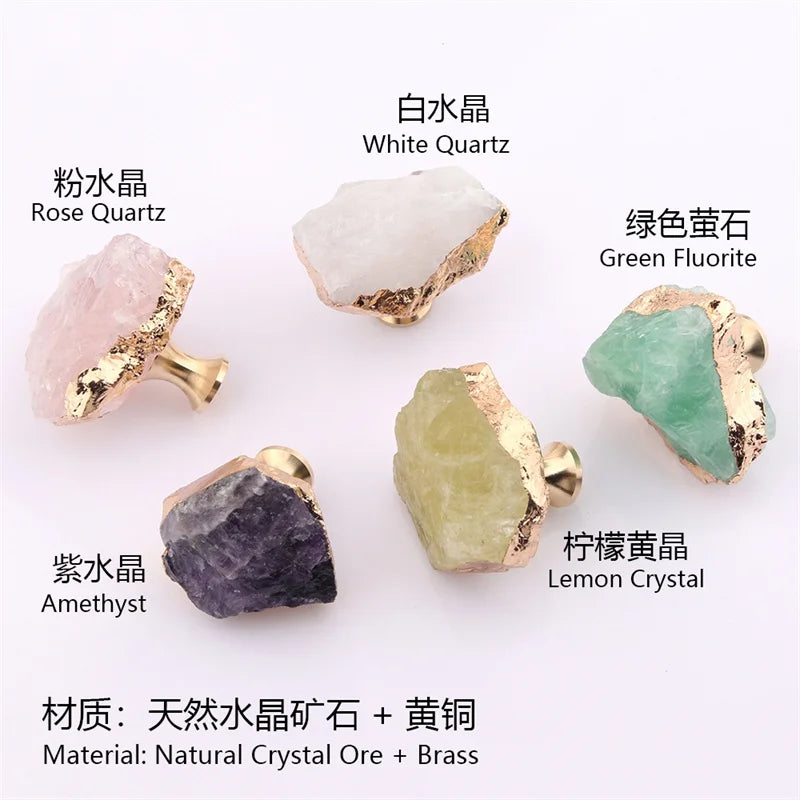 Natural Crystal Furniture Handle Single Hole Drawer Knob Green Pink Brass Handles For Kitchen Cabinet Door Cupboard Pulls Diy