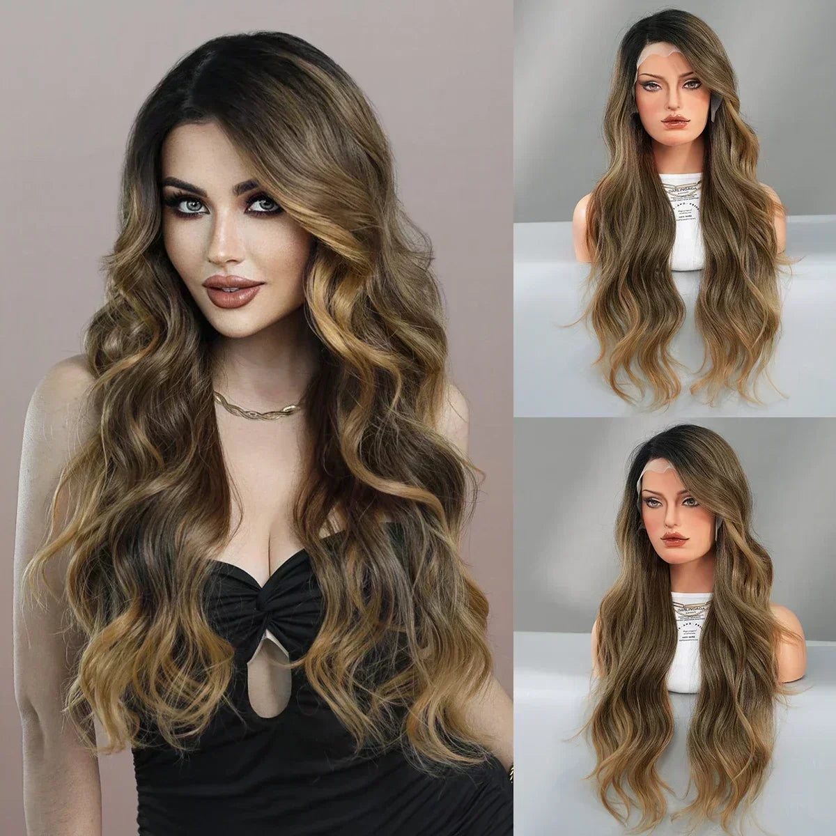 Blue Purple Ombre Wig Body Wavy, Side Part ,with Bangs High Density,Transparent Synthetic Lace Front