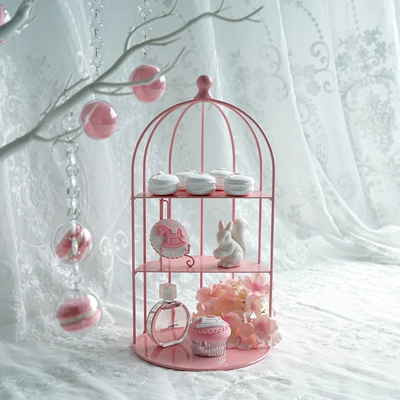 Bird Cage Shape Wrought Iron Snack Cake Rack, Pink Wedding Dessert Table Props Cake Display Stand