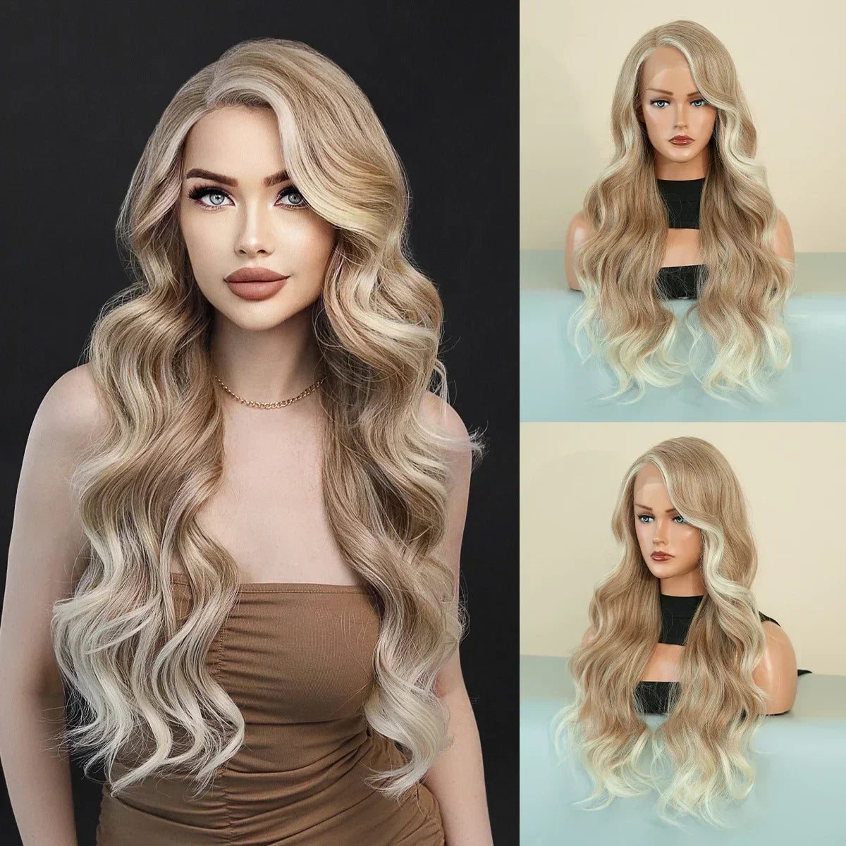 Blue Purple Ombre Wig Body Wavy, Side Part ,with Bangs High Density,Transparent Synthetic Lace Front