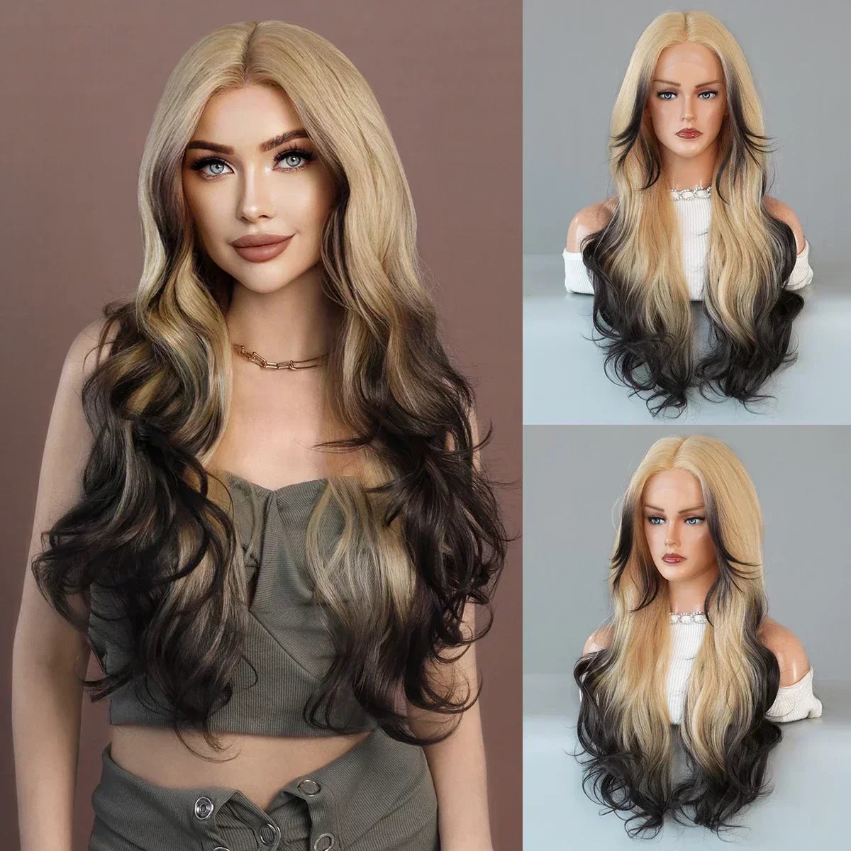 Blue Purple Ombre Wig Body Wavy, Side Part ,with Bangs High Density,Transparent Synthetic Lace Front