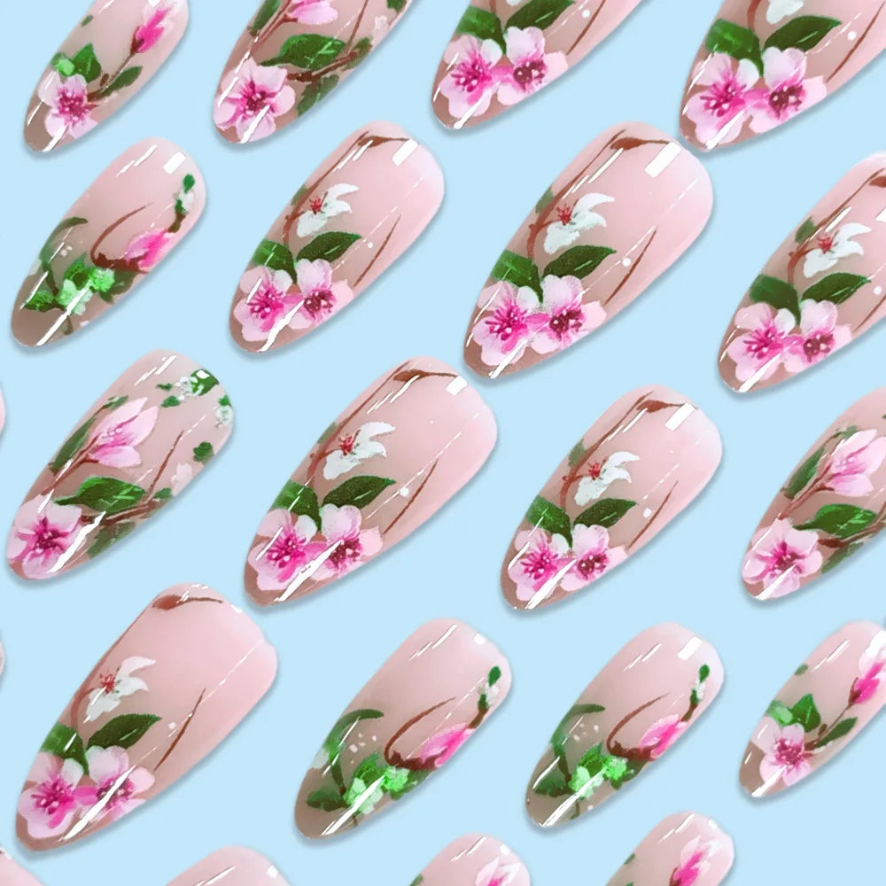 Short Almond Press on Nails 3D Flower Fake Nails with Glue Colorful Natural Acrylic False Nails Full Cover Press on Nails Set