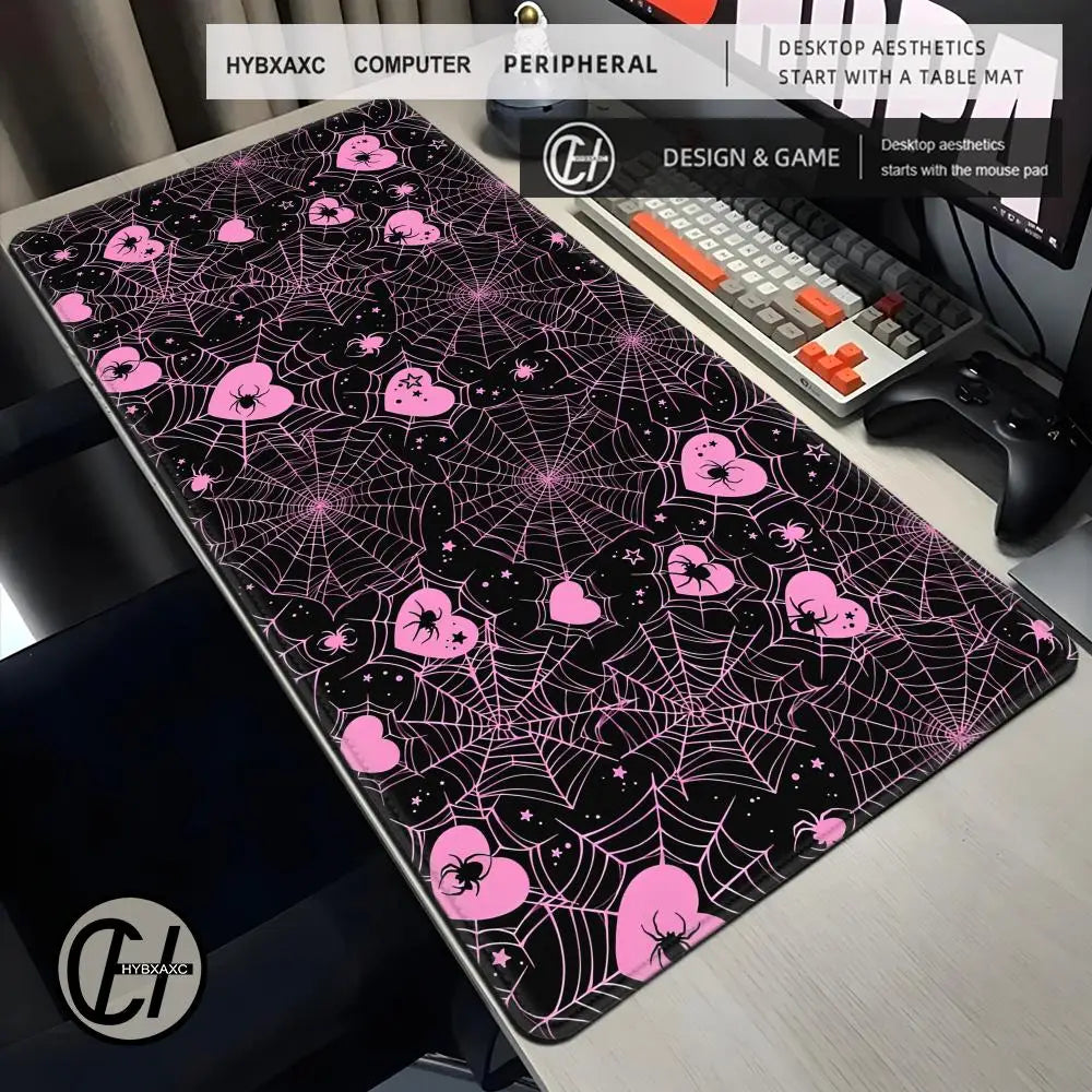 90x40 White or Pink Spiderweb Hearts Desk Mat  Pastel Kawaii Gothic Emo Cute Computer Laptop Office Tech Gaming Setup Mouse Pad