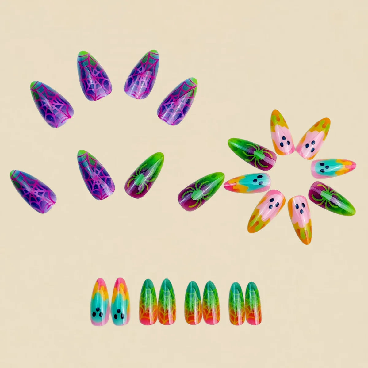 Neon Gradient Color Halloween Press on Nails 3d Ghost Spider Fake Nails Acrylic Nails Fake Nail Full Coverage False Nails Art