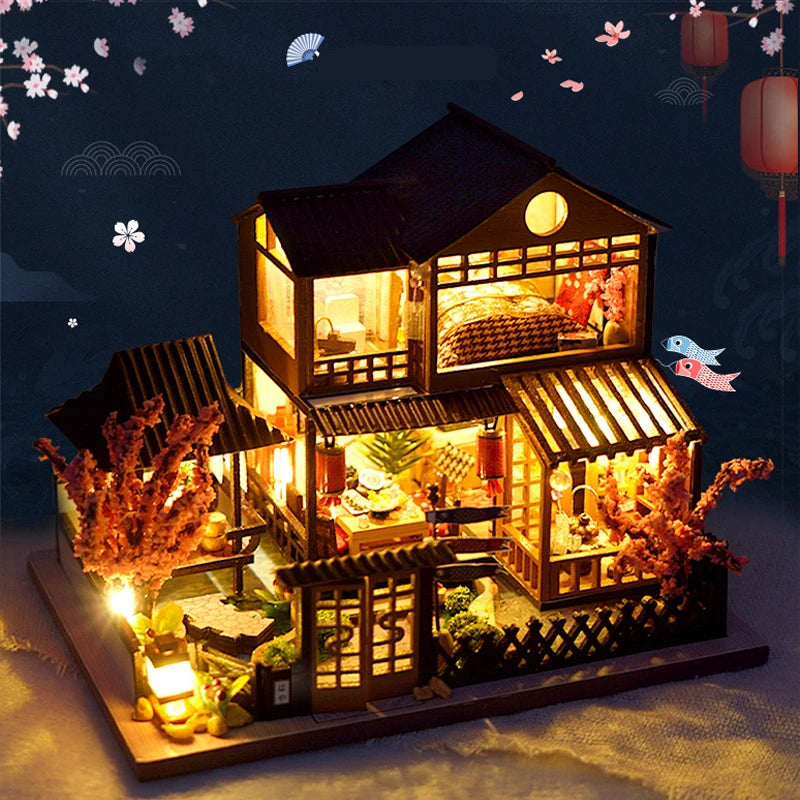 Cutebee DIY Dollhouse Kit Japanese Garden RV Wooden Miniature Doll house Toys for Children Girls Adult Girls