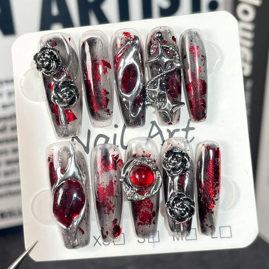 Halloween Long Coffin Gothic Metallic Acrylic Nails