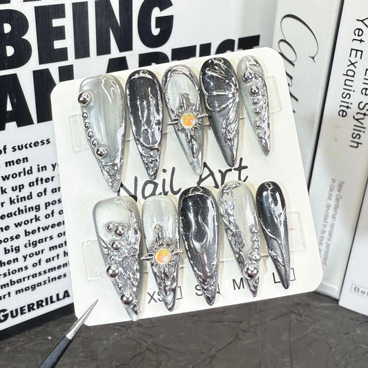Halloween Long Coffin Gothic Metallic Acrylic Nails